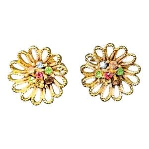 Vintage 1940s Floral Earrings – Gold Filigree & Rhinestones Clip Back
